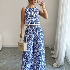 Resim 2 parça Kadın Bitki Desenli Yuvarlak Yaka Kolsuz Üst ve Pantolon Takımı 
