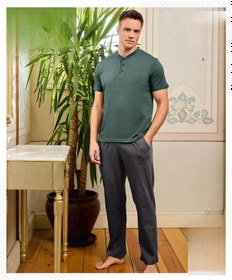 Resim Pijamoni Erkek Düğme Yaka Kısa Kol Penye Pijama Takımı 6880/1 - 1 Adet Yeşil 