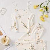 Resim Çiçek Desenli Dokulu Pijama Takımı, Rahat Yuvarlak Yaka Sırtı Açık Kolsuz Üst & Esnek Pantolon, Kadınların Uyku Giyimleri 