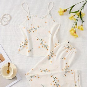 Resim Çiçek Desenli Dokulu Pijama Takımı, Rahat Yuvarlak Yaka Sırtı Açık Kolsuz Üst & Esnek Pantolon, Kadınların Uyku Giyimleri 