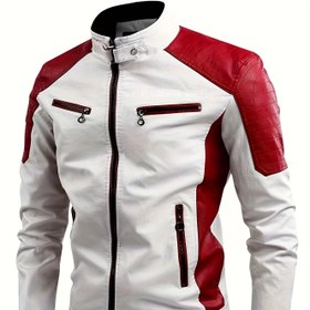 Resim Erkek Motosiklet Ceketi - Stand Yaka, Kırmızı Vurgulu Fermuar Kapatma, Yan Cebi - Sürüş, İşe Giderken, Günlük Kıyafetler İçin Esnek Olmayan Sentetik Dış Kabuk - Sonbahar/Kış Motosiklet Kıyafeti (Beyaz/Kırmızı Renkli), Motosiklet Sürüş Kıyafeti, İşe Giderken Giyim, Şık Dış Giyim, Nefes Alabilen Kumaş, Şehir İşçileri, Retro Tarz, Dayanıklı Yapı, Şehir İşçileri Giyim 