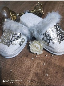 Resim Finezza Bride Pamuk Kuş Tüylü & Varaklı Beyaz Havlu Terlik 38-40 