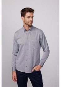 Resim Tudors Erkek Regular Fit Klasik Kesim Pamuklu Oxford Doku Tek Cepli Gri Düğmeli Yaka Gömlek-23442 Gri 