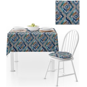 Resim Baklava Dilimi Desenli Lacivert Turkuaz Mavi Dijital Baskılı Petek Dokuma Masa Örtüsü 140x140 