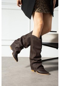 Resim Shoetek Leire Kadın Çizme Kovboy Körüklü Mat Kahverengi Deri Kahve Cilt 