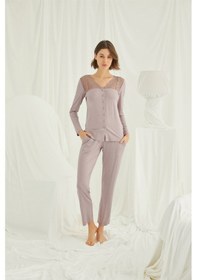 Resim Monamise Kadın Yakası Kolu ve Omzu Dantelli Önü Boydan Düğmeli Pijama Takımı Vizon 