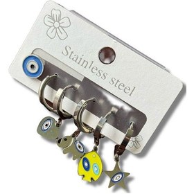 Resim Nazar Boncuk, Fil Ve Balıklı Çoklu Çelik Küpe Gri 