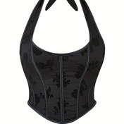 Resim Jakarlı Halter Straplez Korse, Karın Kontrolü Dantel Up Push Up Vücut Şekillendirici, Kadın İç Çamaşırı ve Shapewear 