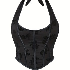 Resim Jakarlı Halter Straplez Korse, Karın Kontrolü Dantel Up Push Up Vücut Şekillendirici, Kadın İç Çamaşırı ve Shapewear 