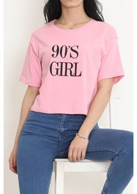 Resim Baskılı Crop Tişört Pembe Beyaz 