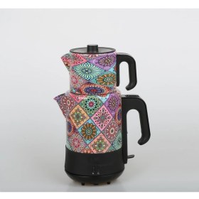 Resim Queen Morocco 4'lü Çeyiz Seti Renkli Desenli Paslanmaz Çelik Tost Makinesi Blender Çay Makinesi 