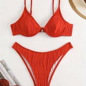 Resim Kadınlar için Tatil Stili Su Dalgası Dokulu Bantlı Çelik Halkalı Plaj Bikini Mayo Takımı 