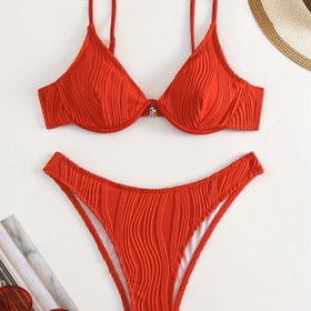 Resim Kadınlar için Tatil Stili Su Dalgası Dokulu Bantlı Çelik Halkalı Plaj Bikini Mayo Takımı 