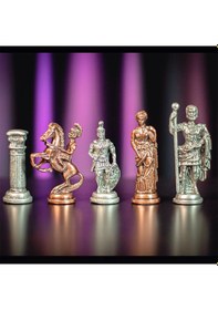 Resim Gifthome Battal Boy Metal Roma Satranç Takımı Antik Ve Katlanır Ceviz Desenli Mdf Satranç Tahtası 43x43 Cm. 