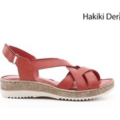 Resim Gönderi R Kırmızı Antik Cırt Bantlı Dolgu Topuk Hakiki Deri Sandalet Kırmızı 