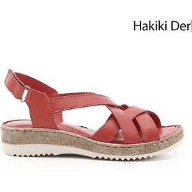 Resim Gönderi R Kırmızı Antik Cırt Bantlı Dolgu Topuk Hakiki Deri Sandalet Kırmızı 