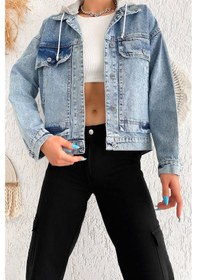 Resim Kadın Çıkarılabilir Kapüşonlu Cepli Denim Ceket Astarsız & Çok Amaçlı Kullanım Mavi 