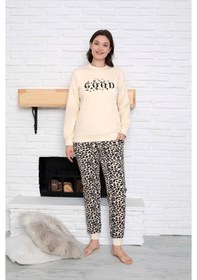 Resim Guava Kadın Bisiklet Yaka Bilek Manşet/lastikli 2 İplik Cepli Kışlık Jogger Eşofman Pijama Takımı Homewear Leopar Çok Renkli 