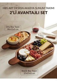Resim Hbs Art Design 2 Li Set Akasya Ahşap Sunum Tepsisi - Saplı Kahvaltı Ve Steak Servis Seti Ahşap 