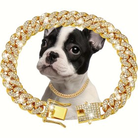 Resim Küçük, Orta ve Büyük Boy Evcil Hayvanlar için Lüks Küba Zinciri Köpek & Kedi Tasması - Altın, Gümüş, Gül Altını Renklerde 13mm Geniş Kristal Metal Zincir, Her Bedene Uygun Moda Köpek Aksesuarları 