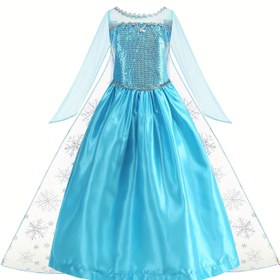 Resim Kızların Mavi Prenses Elbisesi, Payet ve Tül Üstü, Uzun Kollu ve Kar Tanesi Deseni - Cadılar Bayramı, Noel Partileri ve Doğum Günü Hediyeleri için Mükemmel, Kızlar için Prenses Elbiseleri 
