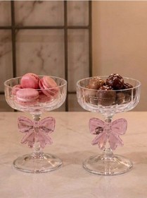 Resim Morponi 2 Adet Pembe Fiyonklu Cam Ayaklı Tatlı Kasesi Seti, Dondurmalık Ve Sunumluk 