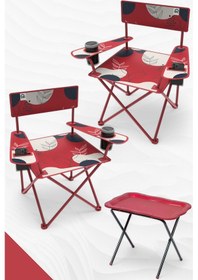 Resim Perilla Qufi Katlanır Kamp Piknik Sandalyesi Rejisör Koltuğu 2 Adet + Kamp Sehpası Set - Kırmızı Kırmızı 
