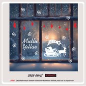 Resim EYBA STİCKER noel baba geyikler mutlu yıllar kar çorabı kırmızı beyaz yılbaşı sticker süs cam kar tanesi 