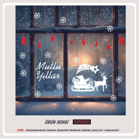 Resim EYBA STİCKER noel baba geyikler mutlu yıllar kar çorabı kırmızı beyaz yılbaşı sticker süs cam kar tanesi 