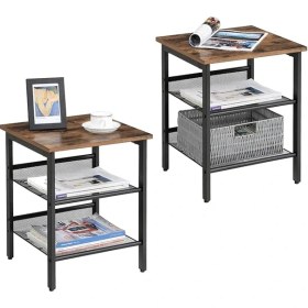 Resim Misda Store Komodin, 2'li Set, Ayarlanabilir File Raflı, Oturma Odası, Yatak Odası, Endüstriyel, Sağlam Çelik Çerçeve, Rustik Kahverengi + Siyah 