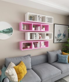 Resim Duvar Rafı Yatay Kitaplık Mobilya Hediye Rafı Beyaz Pembe 4 Lü Takım Beyaz Pembe 