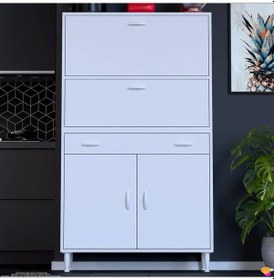 Resim Modilayn Vio 95x163,4x32,5 Cm Yeni Çekmeceli, Kapaklı, Ekmeklikli, Çok Amaçlı Mutfak Dolabı. Beyaz 