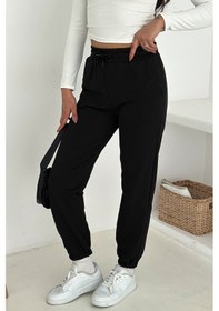 Resim Kadın Bağcıklı Jogger Pantolon & Eşofman Altı Sportif & Enerjik Stil Siyah 