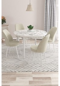 Resim Canisa Kea Serisi Yuvarlak Beyaz Mermer Desen Mutfak Masa Takımı 4 Krem Babyface Sandalye Beyaz Mermer Desen Masa Sandalyeler Krem 
