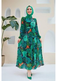 Resim Neşeli Butik Kadın Yeşil Kemerli Tesettür Şifon Elbise Sms025 Yeşil 