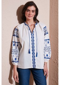 Resim Lela Nakış Işlemeli Pamuklu Oversize Fit Bağlamalı V Yaka Bayan Bluz 676271 Ekru 