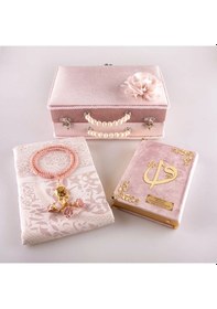 Resim Boncuklu Kutu Çeyizlik, Seccade + Tesbih + Kuran Hediye Seti Çanta Boy, Pudra Pembe 