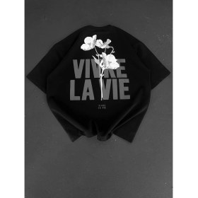 Resim Nemere Baskılı Oversize Bisiklet Yaka T-Shirt - Siyah 