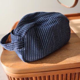 Resim Miucatch Japon Tarzı Büyük Kapasiteli Kozmetik Çantası, Polyester Kumaş, Taşınabilir Seyahat Tuvalet Organizatörü Derin Mavi Çizgiler ve Fermuar Kapatma ile 