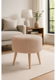 Resim Waterybrook Yuvarlak Puf Welsoft Kumaş Ceviz Ahşap Ayaklı - Makyaj - Yatak Ucu - Dekoratif Oturma Pufu Vizon 