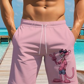 Resim Erkekler için Hızlı Kuruyan Atletik Şortlar Elastik Bel Bantlı - Spor Salonu, Koşu ve Günlük Kullanım İçin Pembe Geometrik Hayvan Desenli Hafif Polyester Kısa Şortlar, Makinede Yıkanabilir 