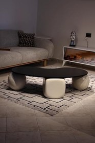 Resim Modern Orta Sehpa & Küre Sehpa & Top Sehpa & MDF Fasulye Siyah & 2 Beyaz Top - 1 Beyaz Zar 