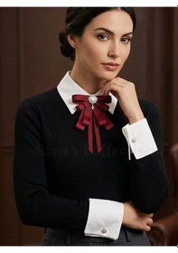 Resim Kadın Fiyonk Broş-bordo. Çiçek Boncuk Detaylı. Fiyonk Broş Kurdele. Boyun Kravat Çok Renkli 