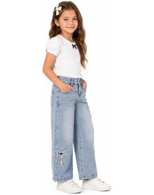 Resim İrem Kız Çocuk Kurdele Detaylı Geniş Paça Model Bel Lastik Ayarlamalı Mavi Renk Kot Pantolon 