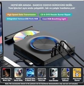 Resim Harici DVD-RW CD/DVD Sürücü - USB-C/3.0, USB Hub ve SD Kart Girişli, Slim Taşınabilir 
