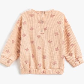 Resim Kız Bebek Kelebek Baskılı Sweatshirt Dokulu Bisiklet Yaka Yakası Çıtçıtlı Uzun Kollu 
