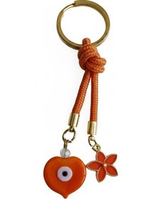 Resim Turuncu Örgü İpli Cam Kalp Nazar Boncuğu Ve Çiçek Figürlü Anahtarlık - Çanta Aksesuarı Turuncu 