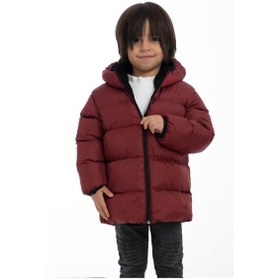 Resim Erkek Çocuk Polarlı Kapüşonlu Su Geçirmez Rüzgara Dayanıklı Şişme Kışlık Mont & Kaban-28 Bordo 