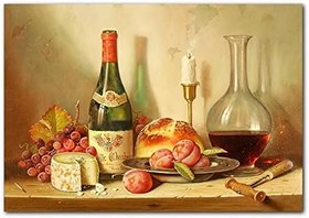 Resim Ahşap Tablo Şarap Peynir Ekmek ve Taze Meyveler 