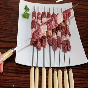 Resim 10 Adet Paslanmaz Çelik Barbekü Şişleri Çok Fonksiyonlu Metal Ahşap Saplı Barbekü Şişleri Paslanmaz Çelik Barbekü Çubukları Açık Hava Pişirme Barbekü Malzemeleri 